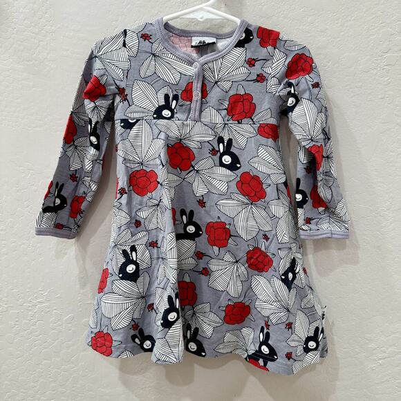 Paapii Grey Bunnies & Red Floral Long Sleeve Dress - Picture 1 of 7